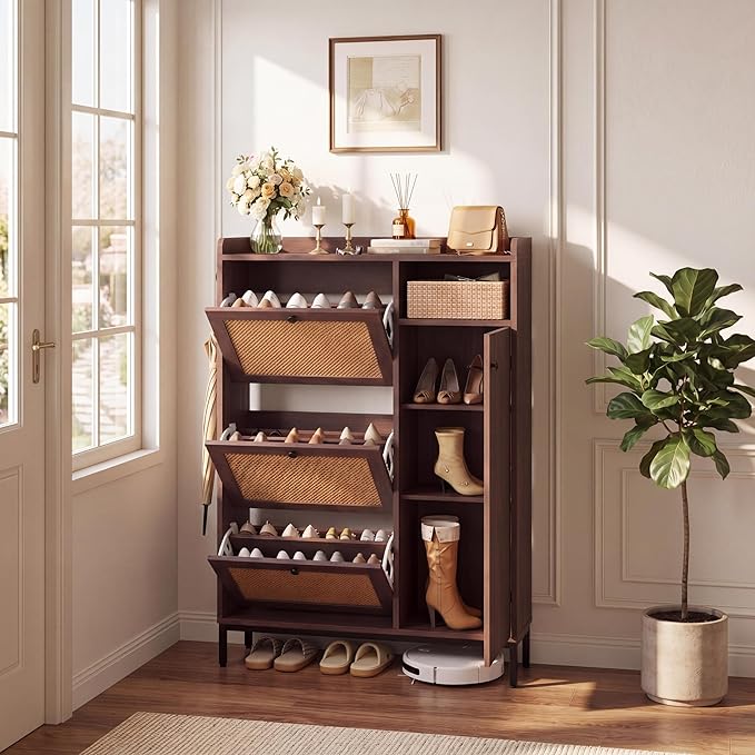 Garvee Shoe Cabinet with 3 Flip Drawers and 4-Tier Shoe Storage Cabinet, Freestanding Shoe Organizer with Adjustable Shelf and Rattan Doors for Entryway, Closet, Hallway