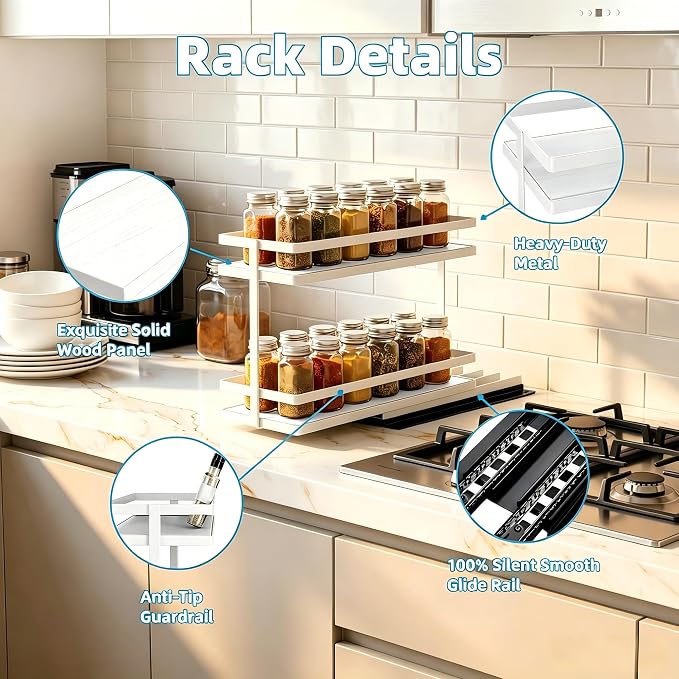 Pull Out Spice Rack 2-Tier Metal & Wood Seasoning Organizer White | No-Drill Install | Full-Extension Silent Glide | Each Tier Holds 10–12 Standard Spice Bottles | Rustproof, Wipe-Clean Surface