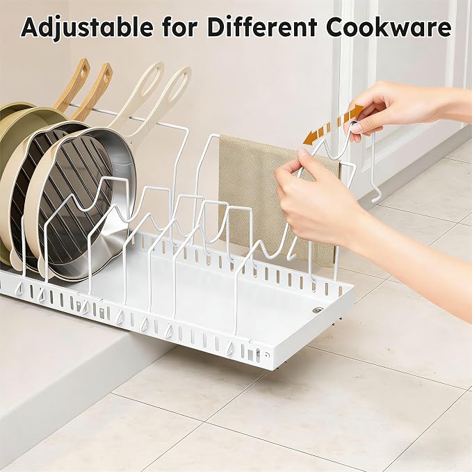 DTUQYX Pots and Pans Organizer Under Cabinet - 2 Pack Pull Out Expandable Pan Organizer Rack with Adjustable 20 Dividers,Cookware Storage Rack for Pots,Pans,Lids,Kitchen Cabinet Space Saving