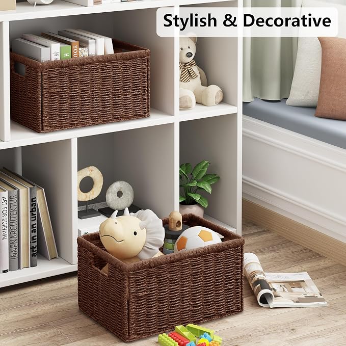 Vagusicc 2 Packs Large Wicker Storage Basket, Closet Storage Baskets Bins for Shelves, Decorative Collapsible Baskets for Organizing Clothes Toy Nursery Bathroom Organizers and Storage, Brown