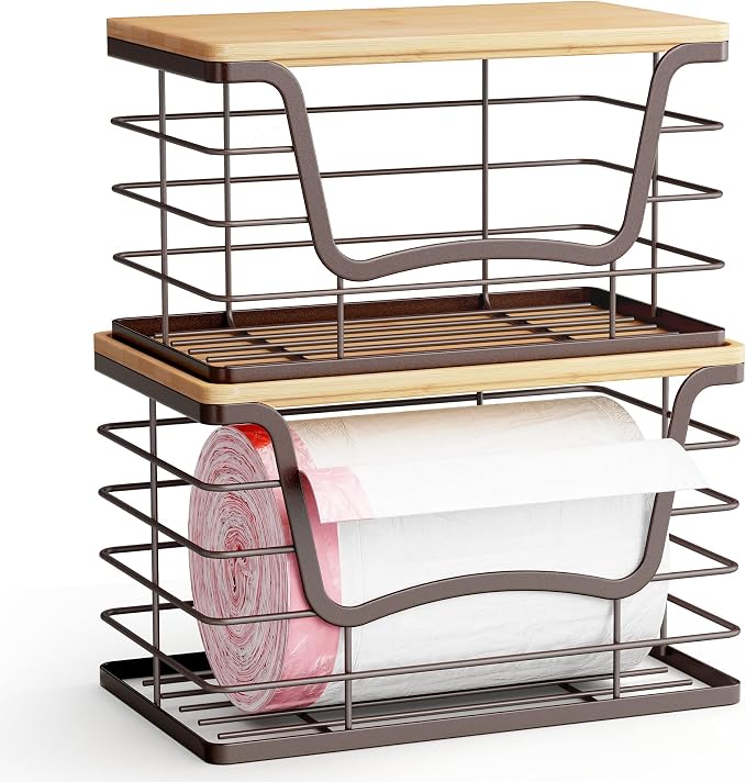 ALOCEO 2 Pack Stackable Wire Storage Basket with Bamboo Lid, Stainless Steel Extra Large Trash Bag Dispenser Roll Holder for Kitchen Sink, Laundry, Pantry Organizer and Storage, Brown