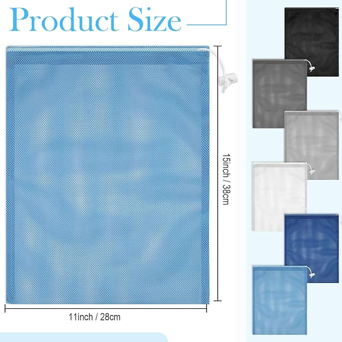 Frienda 6 Pieces Mesh Stuff Sack, 11 x 15 Inch Durable Nylon Drawstring Laundry Bag for Rinsing Beach Toys, Seashell Collecting, Mesh Bags for Travel(Base Color)