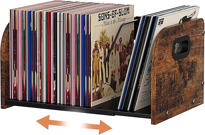 RUILALIFE Vinyl Record Storage Holder, Expandable Record Holder Rack With Movable Divider, 110 LP Album Display Shelf Stand, Magazine Holder