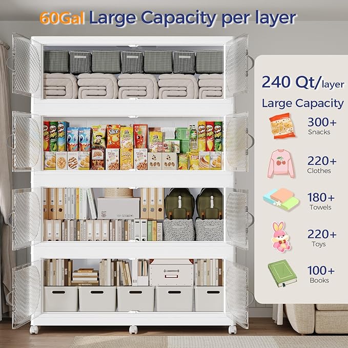 720QT Extra Large Stackable Storage Bins with Lid, 180Gal Plastic Closet Organizers and Storage Drawer, Collapsible Cabinet Box with Wheels Clear Doors for Home Kitchen Office, 3Pack White