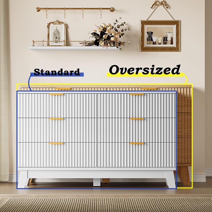 BORNOON Fluted 6 Drawer Dresser, 47.2" Wide Modern Boho Chest of Drawers, Wooden Storage Dresser TV Stand for Bedroom, Living Room, Closet, Hallway, Curved Profile Design