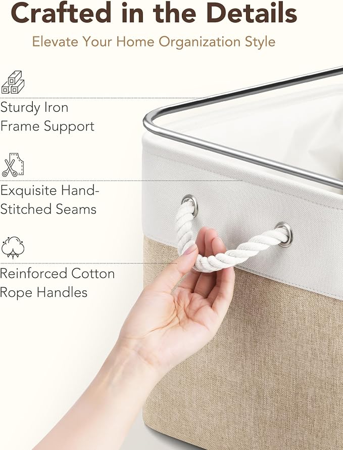 12x12 Inch Fabric Cube Storage Bins with Cotton Rope Handle 6-Pack | Top Support of Metal Frame, Bottom with Cardboard Support, Foldable Storage Bins for Closet, Bedroom, White Khaki