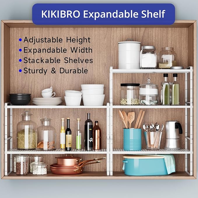 Expandable Kitchen Shelf Organizers, Kitchen Cabinet Organizer Stand Rack Organization for Countertop Cupborad Pantry Spice Rack, White 1 Pack