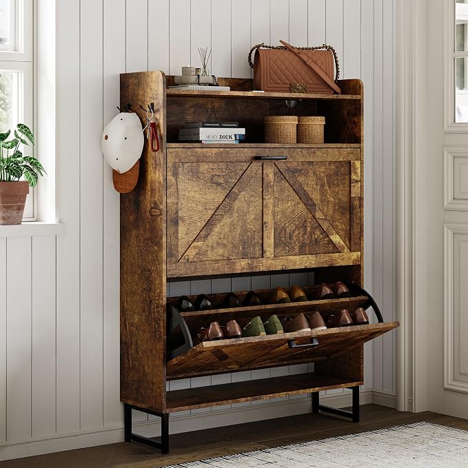Wodeer Shoe Storage Cabinet with 2 Flip Drawers, Narrow Wood Shoe Cabinet Storage for Entryway with Metal Legs & Hooks, Adjustable Shelves, Freestanding Shoe Rack Organizer for Foyer, Hallway, Brown