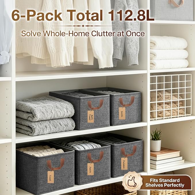 15" Long Fabric Storage Bins 6 Pack, with Handles for Shelves | Collapsible closet organizer bins, sturdy metal frame, 12 labels + twine, for clothes, toys, shelves.