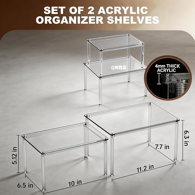 2 Pack Clear Acrylic Spice Rack, 5mm Thick Stackable Cabinet Shelf Riser, No Drill Wall Mounted Kitchen Organizer with Adjustable Feet, Multi-Purpose Storage for Pantry Countertop Bathroom Makeup