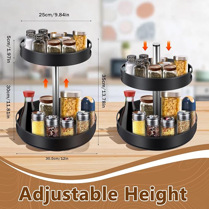 Lazy Susan Turntable Spice Rack, 2 Tier Adjustable Height Rotating Spice Organization, Revolving Seasoning Organizer 12 Inch for Kitchen Countertop Pantry Dining Table Coffee Storage(Black)