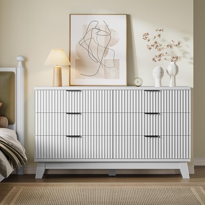 BORNOON 53" Long Dresser for Bedroom, 6-Drawer Dresser with Fluted Fronts, Wide Wood Chest of Drawers, Smooth Metal Slides, Stable Base, Modern Clothes Storage Cabinet for Living Room, Hallway