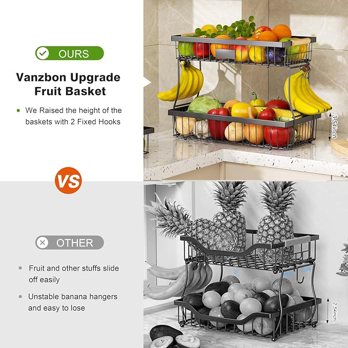 2-Tier Fruit Basket with Banana Hangers, Black Standing Storage Rack | Metal, Wooden handle, Removable Design, Tool-Free Assembly, Versatile Kitchen Countertop Organizer, Vegetables, Seasonings