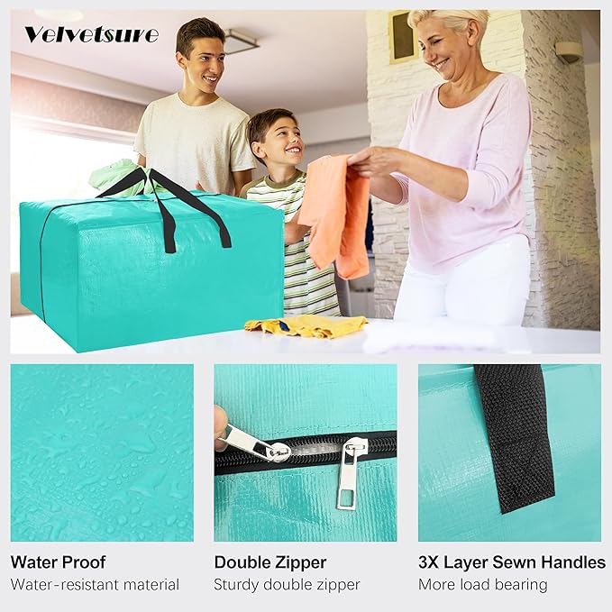 VELVETSURE 12 Pack Heavy Duty Large Moving Bags W/Backpack Straps - Strong Handles & Zippers, Storage Totes For Space Saving, Fold Flat, Alternative to Moving Box and Storage Bin, Aquamarine
