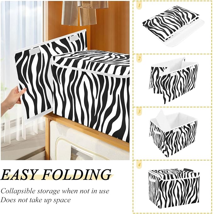 CaTaKu Large Fabric Storage Bins With Lids, Black White Zebra Print Storage Boxes With Handles for Organizing Clothes, Collapsible Storage Cube Bins Baskets for Shelves