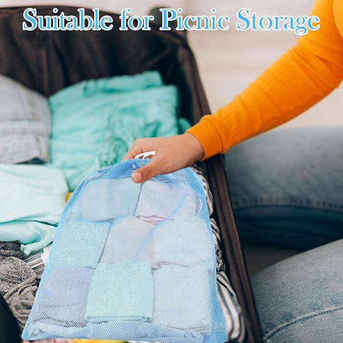 Frienda 6 Pieces Mesh Stuff Sack, 11 x 15 Inch Durable Nylon Drawstring Laundry Bag for Rinsing Beach Toys, Seashell Collecting, Mesh Bags for Travel(Base Color)