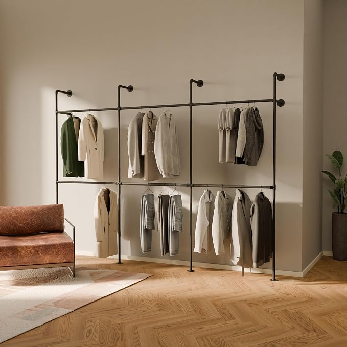 pamo Industrial Clothing Rack Wall Mounted Black – 117" W × 87" H, 880 lbs | Heavy Duty Pipe Closet System in Black Powder Coated Steel, Scratch-Resistant, Double Rod, Easy Assembly, Closet Organizer