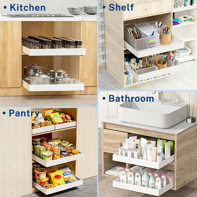 2 Pack Pull Out Cabinet Organizer Expandable Width(12.2"-20.47") & 21"Deep, Insputer No Drill Adhesive Slide Out Drawers with Upgrade 3 Slide Rails, Magnetic Panel, Roll Out Shelf for Kitchen, Pantry