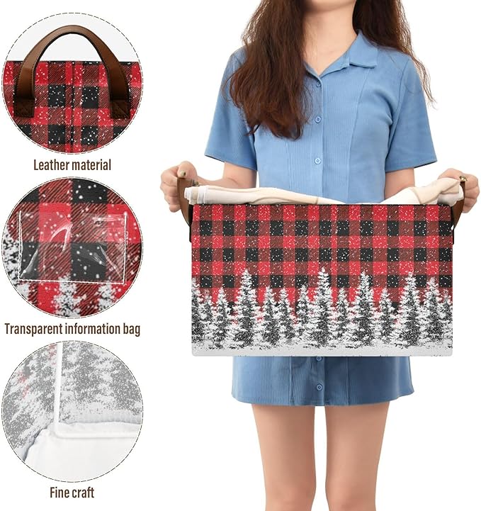 Xmas Tree Red and Black Buffalo Plaid Storage Basket Foldable Cube Storage Bins with Handles&Label Waterproof Organizer Box Bin Large Rectangle Decorative Baskets for Shelves Home Room Laundry