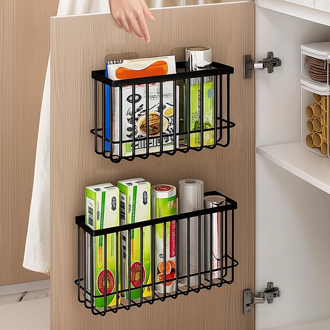 Kitchen Cabinet Door Organizer 3 pack, Lid Organizers Inside Cabinet with 2 Sponges, Foil and Plastic Wrap Organizer with 4 Hooks, for Aluminum Foil, Plastic Wrap, Black, (Small, Medium, Large)