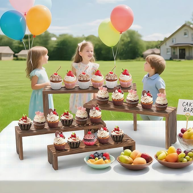 Large 4 Set wood tone Wooden Tiered Display Stands 4 Tier Stackable Pine Wood Display Risers, Suitable for Vendor Events, Cupcake Stands, cake stand Wooden Dessert Table Sets, Vendor Booth Displays,Cosmetic & Perfume Display Tools, Kitchen Spice Storag...