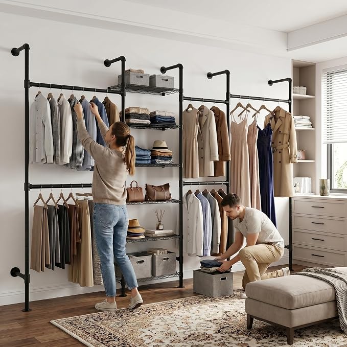 F4 Wall Mounted Closet System, Industrial Pipe Clothing Rack for Hanging Clothes, Heavy Duty Closet Organizer System, Clothes Racks with Shelves & Expandable Rod for Wardrobe, Corner, Black