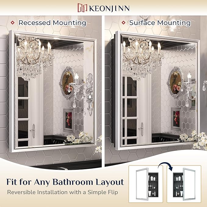 Keonjinn 21" x 27" Medicine Cabinet for Bathroom, Silver Recessed or Surface Wall-Mounted Aluminum Alloy Framed Beveled Mirror with Storage, Mirrored Cabinets with 2 Adjustable Shelves for Bath Modern