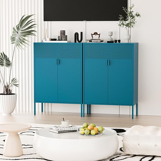 Washsemba 2 Mesh Door Metal Cabinet with Adjustable Shelves, Multipurpose Peacock Blue Storage Cabinet, 3-Tier,Metal Storage Cabinet for Office Home,Hallway(Peacock Blue, 47''H)