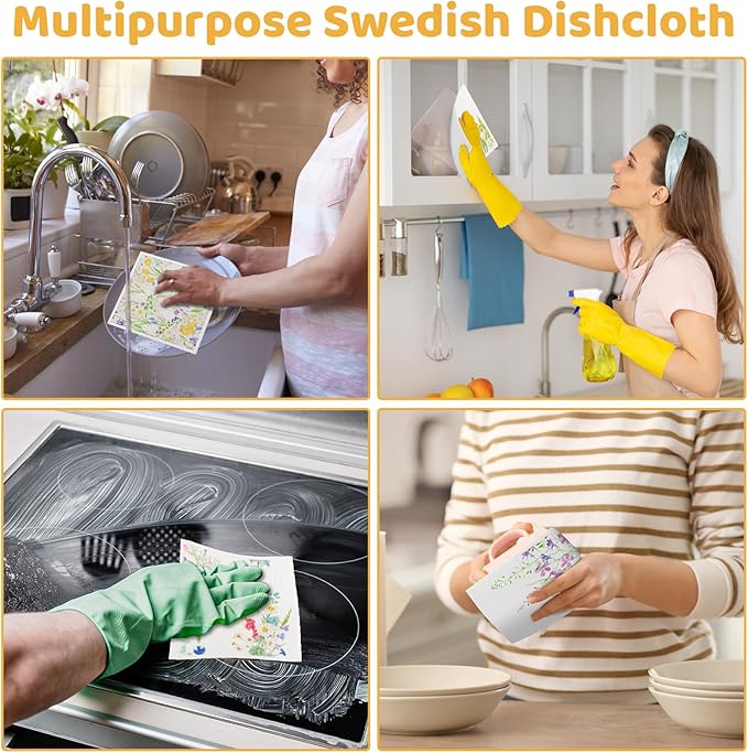 Needbrock 6 Pack Spring Floral Swedish Dishcloths for Kitchen, Absorbent Dish Cloths Swedish Rags Dish Towels with Adhesive Clips, Reusable Paper Towels No Odor for Cleaning Sink Kitchen