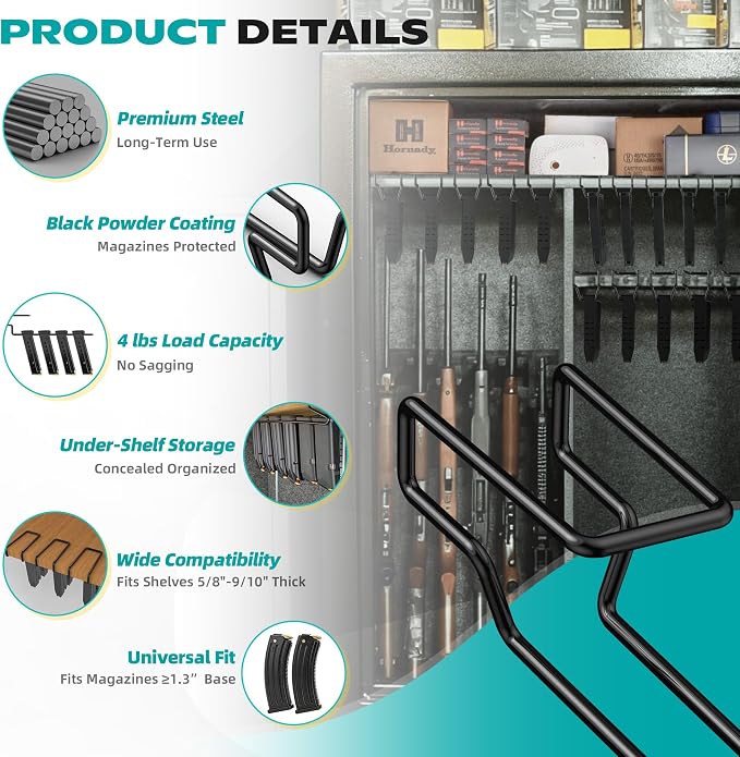 Under Gun Safe Shelf Magazine Holder, Universal Pistol Magazine Holder Fits Double-Stack or Magazines with Base Over 1.3”, 4LBS Load Capacity Pistol Magazine Rack, Gun Magazine Storage for Shelf