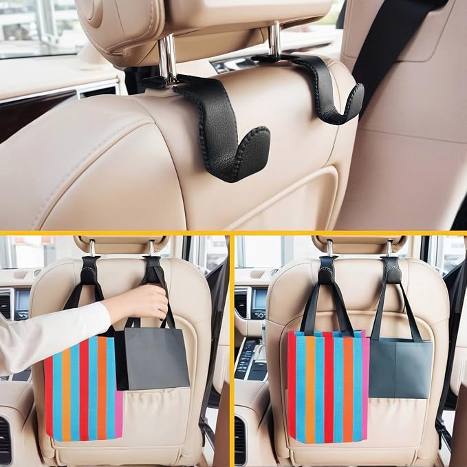 EldHus Headrest Hooks for Purses and Bags, 2 Pack Car Seat Hooks for Grocery Bag Handbag, Metal Car Purse Holder Covered by Leather, Black