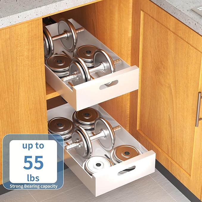HBL' 2 Pack | 21" Deep Pull Out Cabinet Organizer Adhesive, 10-Inch Wide Sturdy Carbon Steel Roll-Out Drawers for Face Frame or Frameless Cabinets,Slide-Out Shelves for Pantry.