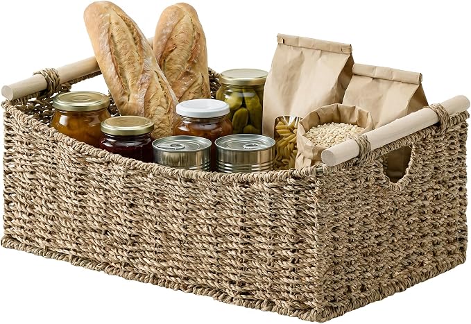 StorageWorks Large Wicker Baskets for Organizing, Seagrass Storage Baskets with Handles, Woven Baskets for Pantry Storage, 16½" x 13" x 7½", 1-Pack
