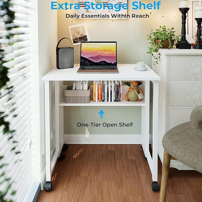 GreenForest Folding Desk with Wheels, 24.8" Rolling Table for Small Spaces | Storage Shelf, Lockable Casters, Compact Portable Workstation, Space-Saving Foldable Sofa Table, Home Office, Mobile, White