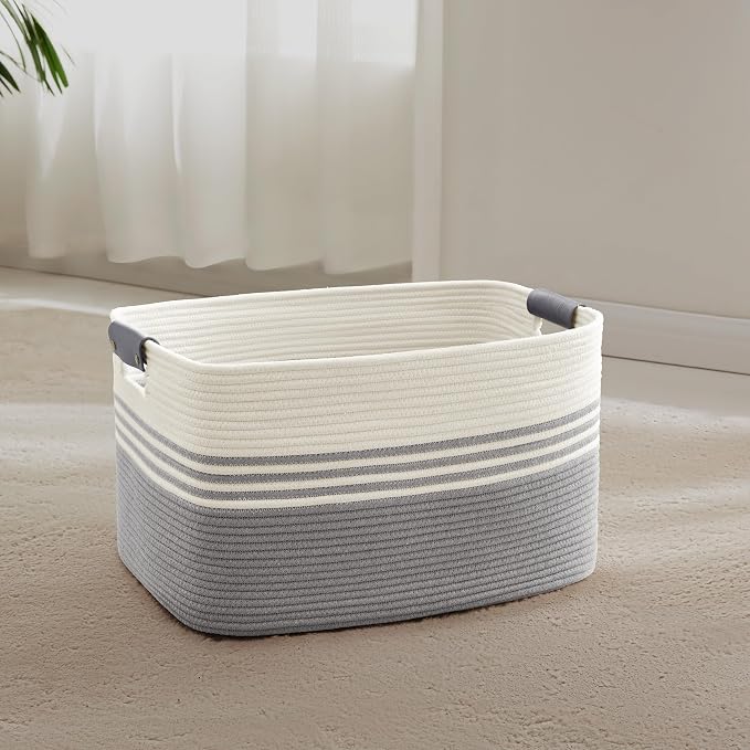 45L Small Woven Laundry Basket Hamper with Leather Handles,Grey | 18"x14"x11", collapsible wicker hamper, storage for dirty clothes, toys, blankets, gifts, living room, bedroom, bathroom