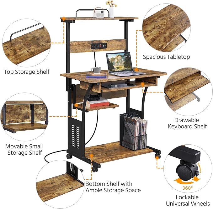 Topeakmart 3 Tiers Rolling Computer Desk with Power Outlet and USB Ports for Space Saving, Home Office Desk with Keyboard Tray and Printer Shelf on Wheels, Laptop PC Workstation Table, Rustic Brown
