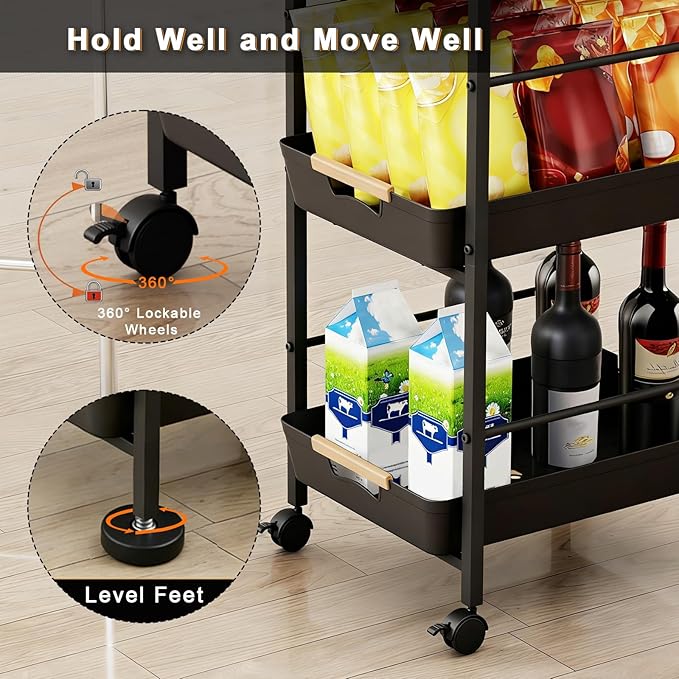 6-Tier Slim Rolling Storage Cart with Wheels, Metal Organizer Tall Rolling Cart, Wood Top Narrow Mobile Utility Cart with Pull-Out Baskets for Kitchen, Bathroom, Laundry Room, 13in(W) Black