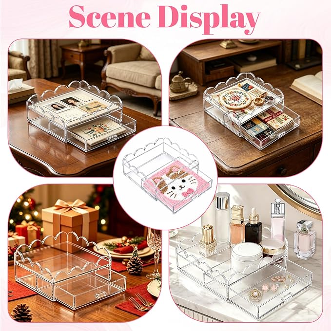 Acrylic Tray with Drawer 5" x 5" Scalloped Clear Acrylic Display Tray for Insert Needlepoint,Desk PMMA Organizer for Perfume Necklace Lipstick Cosmetic Bedroom Bathroom Napkin Tray