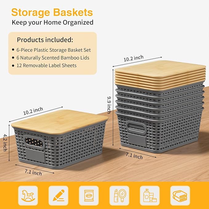 Plastic Storage Baskets with Bamboo Lids and Labels, Stackable Storage Containers, Storage Bins for Organizing Shelves Drawers Desktop Closets Office, 6 Packs-Gray