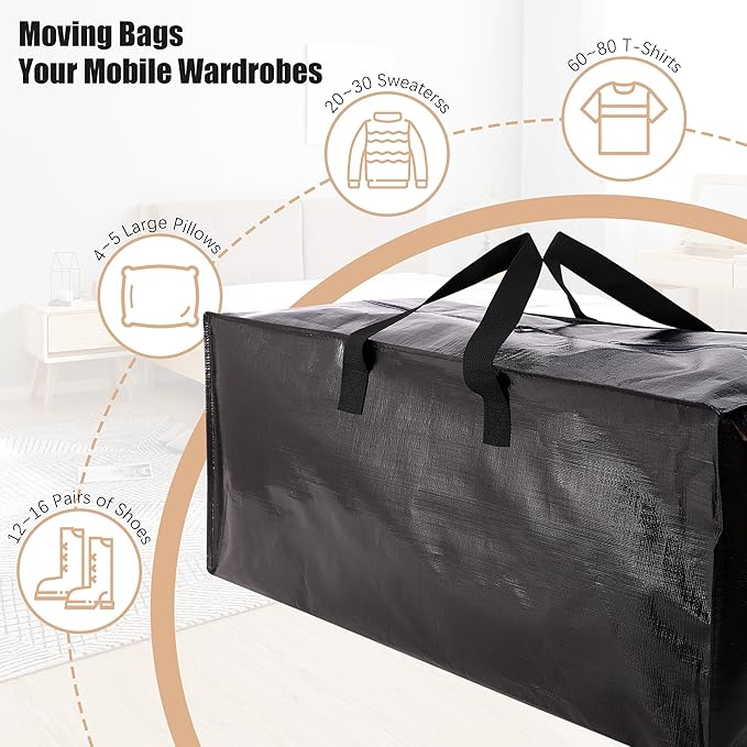 NATURELUX Heavy Duty Moving Bags with Backpack Straps and Strong Handles, Alternative to Moving Boxes and Storage Totes for Dorm Room Essentials, 12 Pack, Black