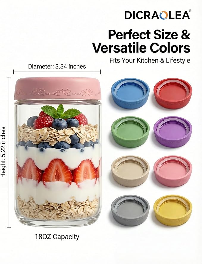 18oz 4Pack Glass Overnight Oats Jars Containers with Airtight Leakproof Lids, Reusable Mason Jars for Meal Prep, Yogurt Parfaits, Smoothies, Salads & Healthy Breakfasts (18 OZ-4-2)