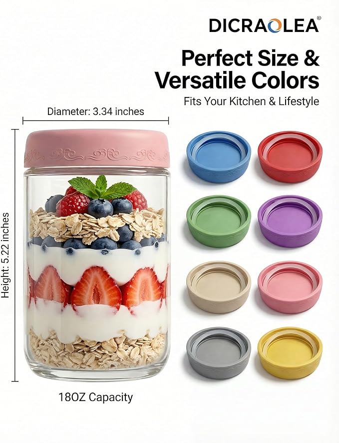 18oz 8Pack Glass Overnight Oats Jars Containers with Airtight Leakproof Lids, Reusable Mason Jars for Meal Prep, Yogurt Parfaits, Smoothies, Salads & Healthy Breakfasts(18oz-8Pack)