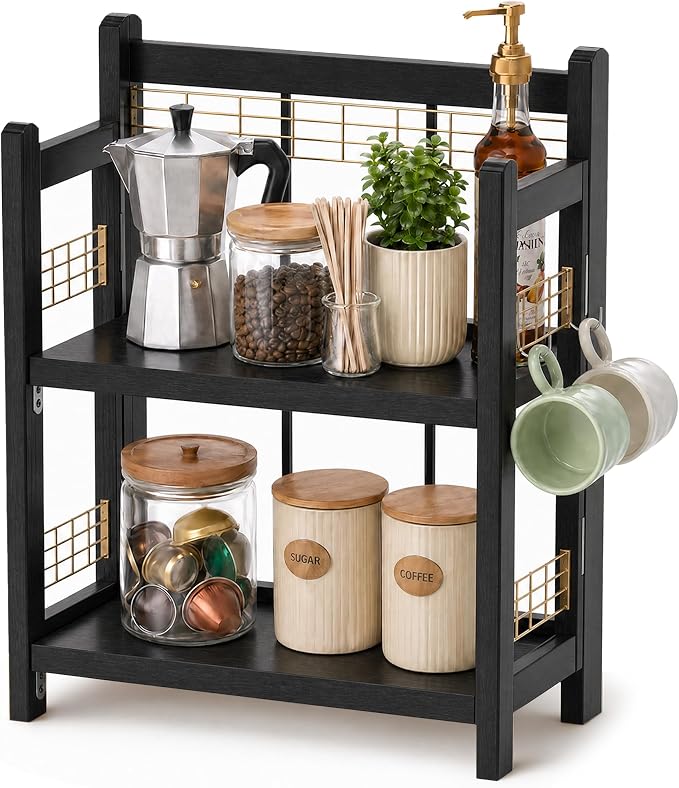 No-Assembly Coffee Bar Organizer, 2-Tier Coffee Station Shelf | Foldable Oak Wood Shelf, Coffee Station Accessories Storage for Syrup & Pods, 3 Hooks for Mugs, Kitchen Spice Rack, Black