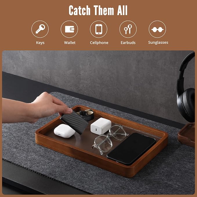 ProCase Wood Valet Tray for Men, Key Tray, Desk & Nightstand -DarkBrown | Wood Catch-All EDC Tray for Nightstand Decor, Desk & Entryway, Holds Keys, Wallets, Watches, Phones & Coins