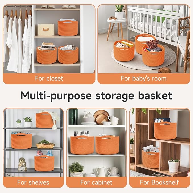 Small Rope Baskets for Storage, Baskets for Gifts Empty, Cute Round Woven Basket, Decorative Shelf Baskets 9.82×9.82×7.1", Cotton Toy Basket Storage Bins for Organizer 3 Packs-Orange