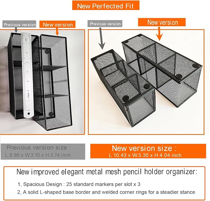2-Pack Metal Mesh Pencil Holder, Spacious 3-Compartment Desk Organizer for Pens, Makeup Brushes, Utensils, Desktop Storage for Home, Office, School, Kitchen, 10.43x3.35x4.04 Inch, Black