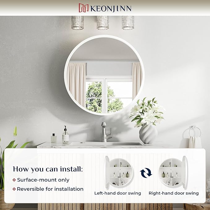 Keonjinn 20 Inch Round Medicine Cabinet with Mirror, White Surface Mount Only Mirror Medicine Cabinet, Modern Medicine Cabinets with Mirror, Metal Framed Bathroom Vanity Mirror with Storage