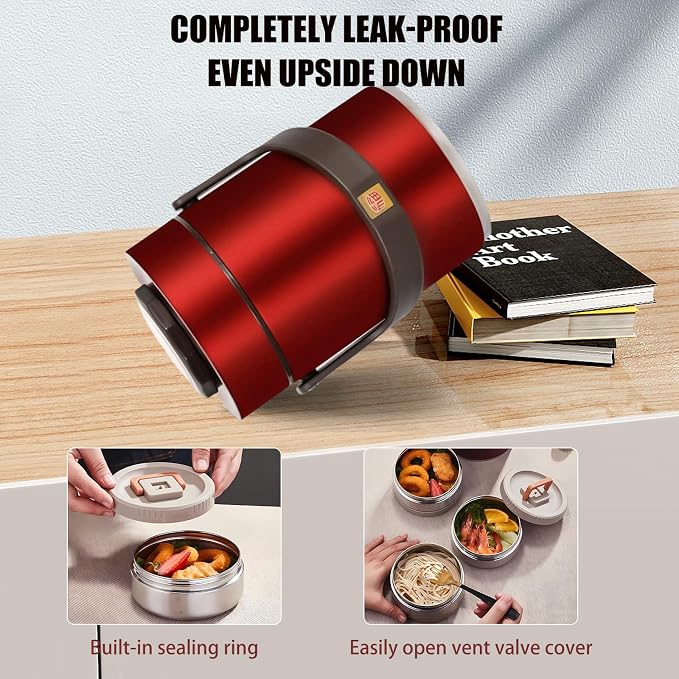 67 oz Adults Stainless Steel Vacuum Insulated Wide Mouth Soup Food Thermo Hot Food Jar with Keep Thermal Portable 3 Tier Stackable Bento Hot Food Containers Lunch Boxes (67 oz Red)