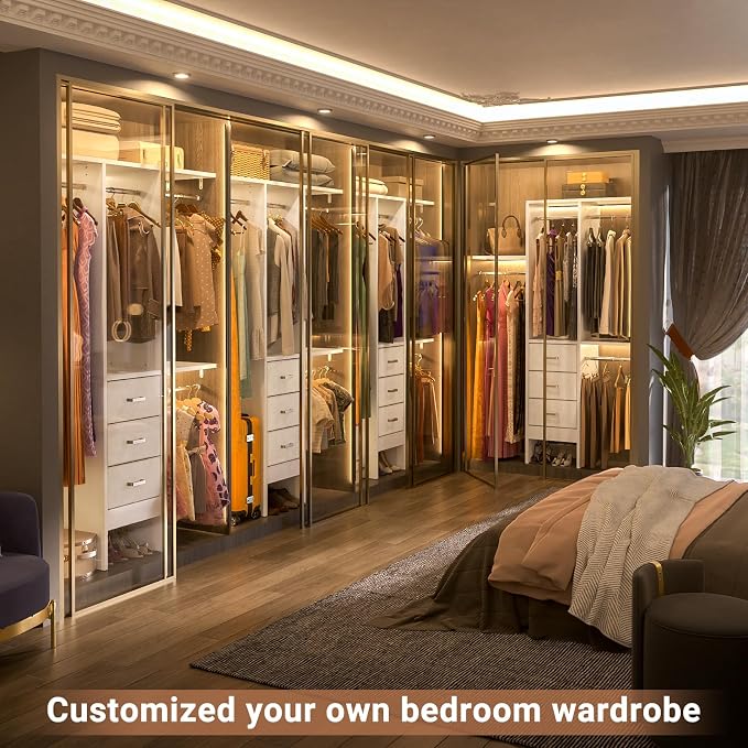 Besiost 4FT Small Closet System with 3 Fabric Drawers, 48'' Closet Organizer System With 3 Adjustable Shelves, Flexible Built-In Clothes Garment Rack for Small Space, 48" L x 13" W x 71" H, Pure White