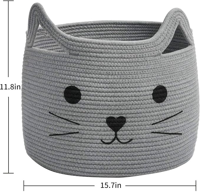 Large Woven Cotton Rope Storage Basket, Baby Laundry Basket Organizer for Towels, Blanket, Toys, Clothes, Gifts | Pet Gift Baskets for Cat, Dog - 15.7" L×11.8" H, Gray